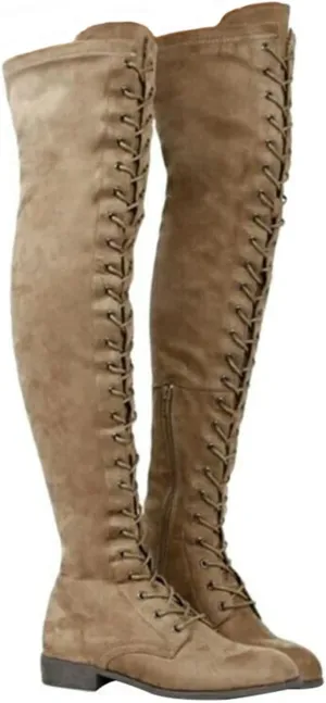 SACFOF Women's Over The Knee Low Heel Lace Up Tall Boots Thigh High Combat Casual Faux Suede Thigh High Riding Boots