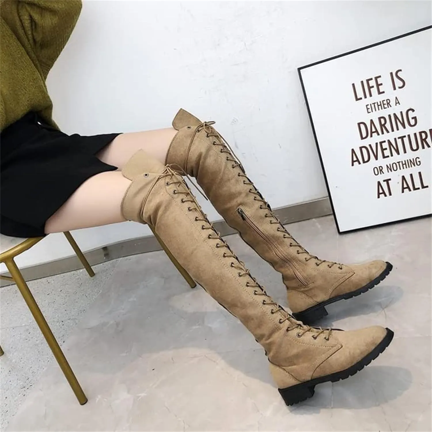 SACFOF Women's Over The Knee Low Heel Lace Up Tall Boots Thigh High Combat Casual Faux Suede Thigh High Riding Boots