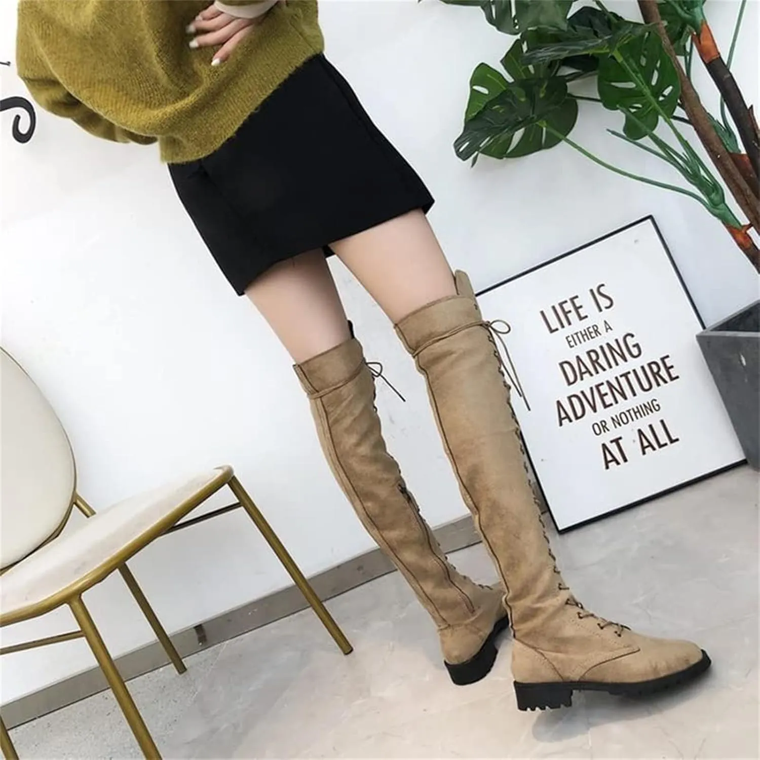 SACFOF Women's Over The Knee Low Heel Lace Up Tall Boots Thigh High Combat Casual Faux Suede Thigh High Riding Boots