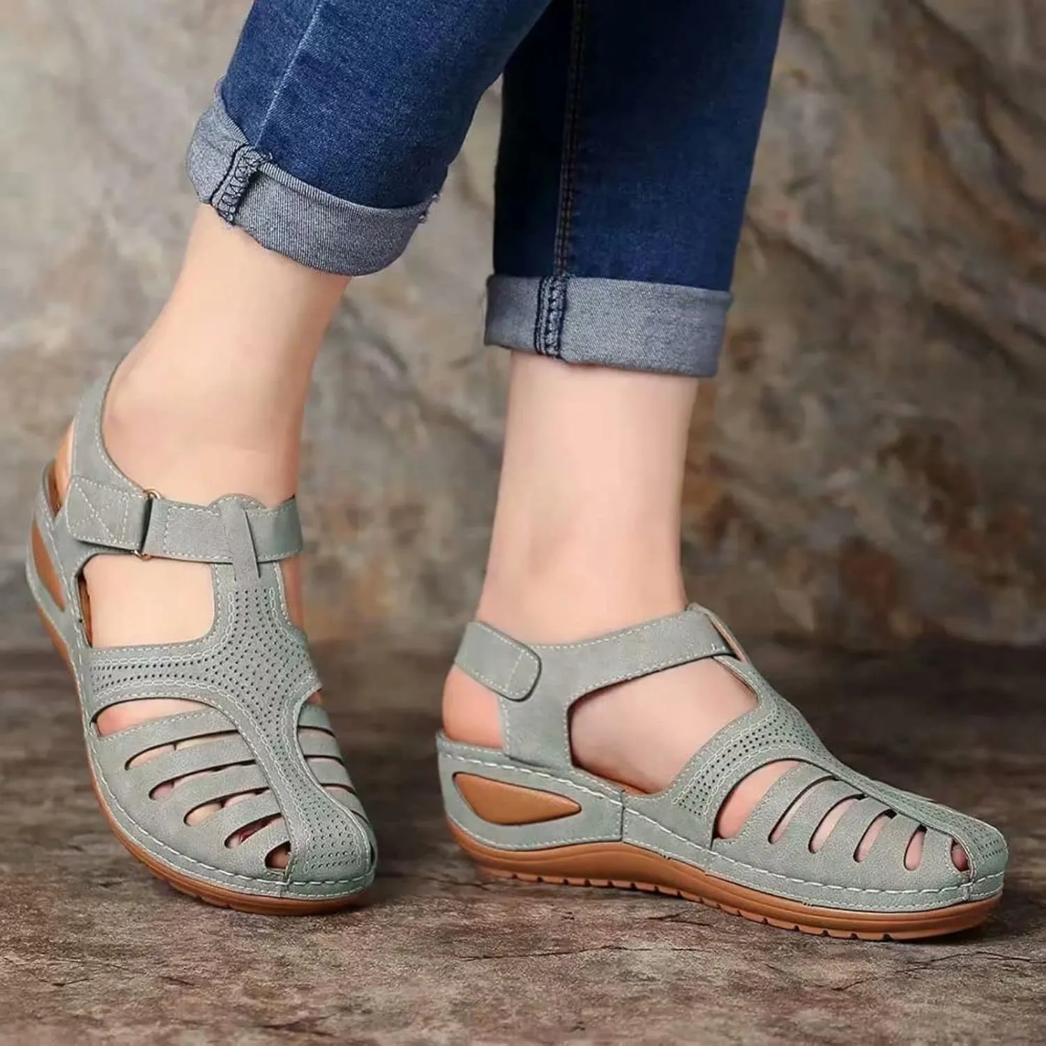Smoneyful Women's Sandals Summer Casual Bohemia Gladiator Closed Toe Wedge Ankle Strap Slip On Platform Dressy Sandals