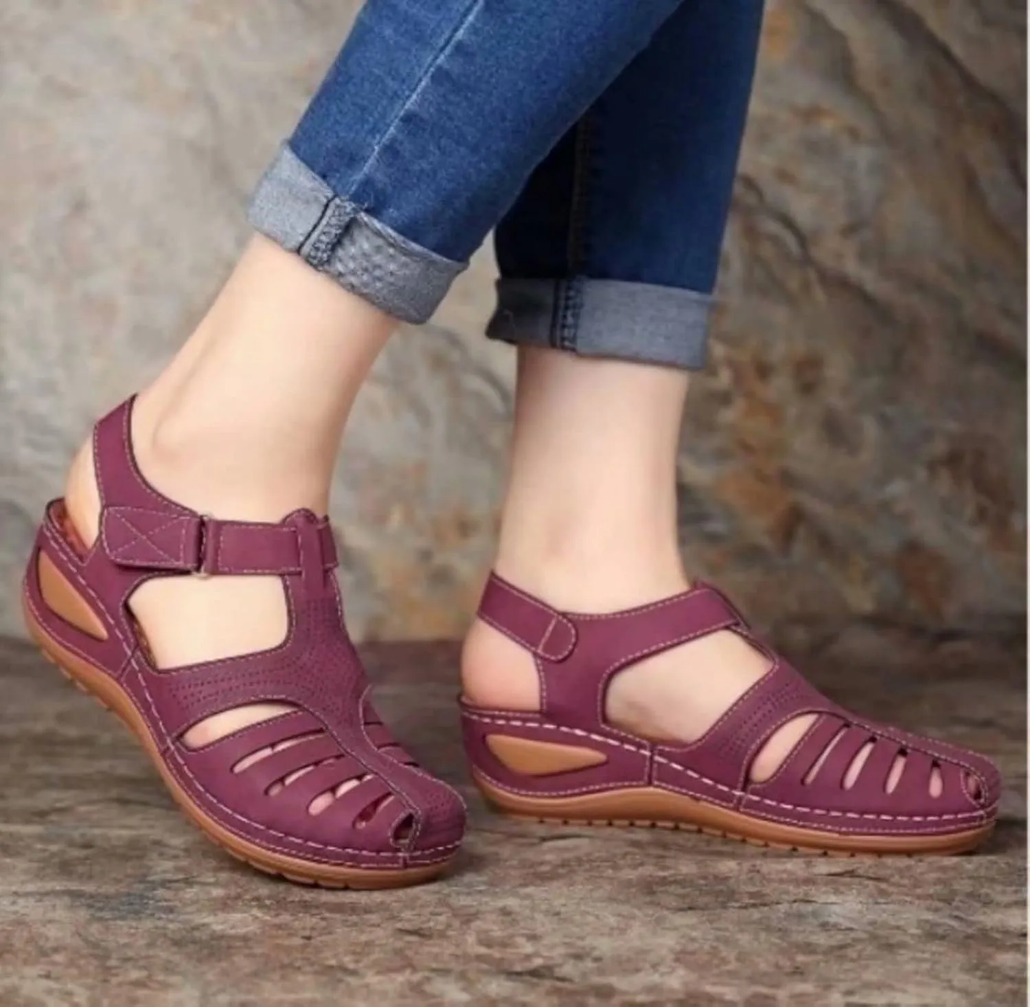 Smoneyful Women's Sandals Summer Casual Bohemia Gladiator Closed Toe Wedge Ankle Strap Slip On Platform Dressy Sandals