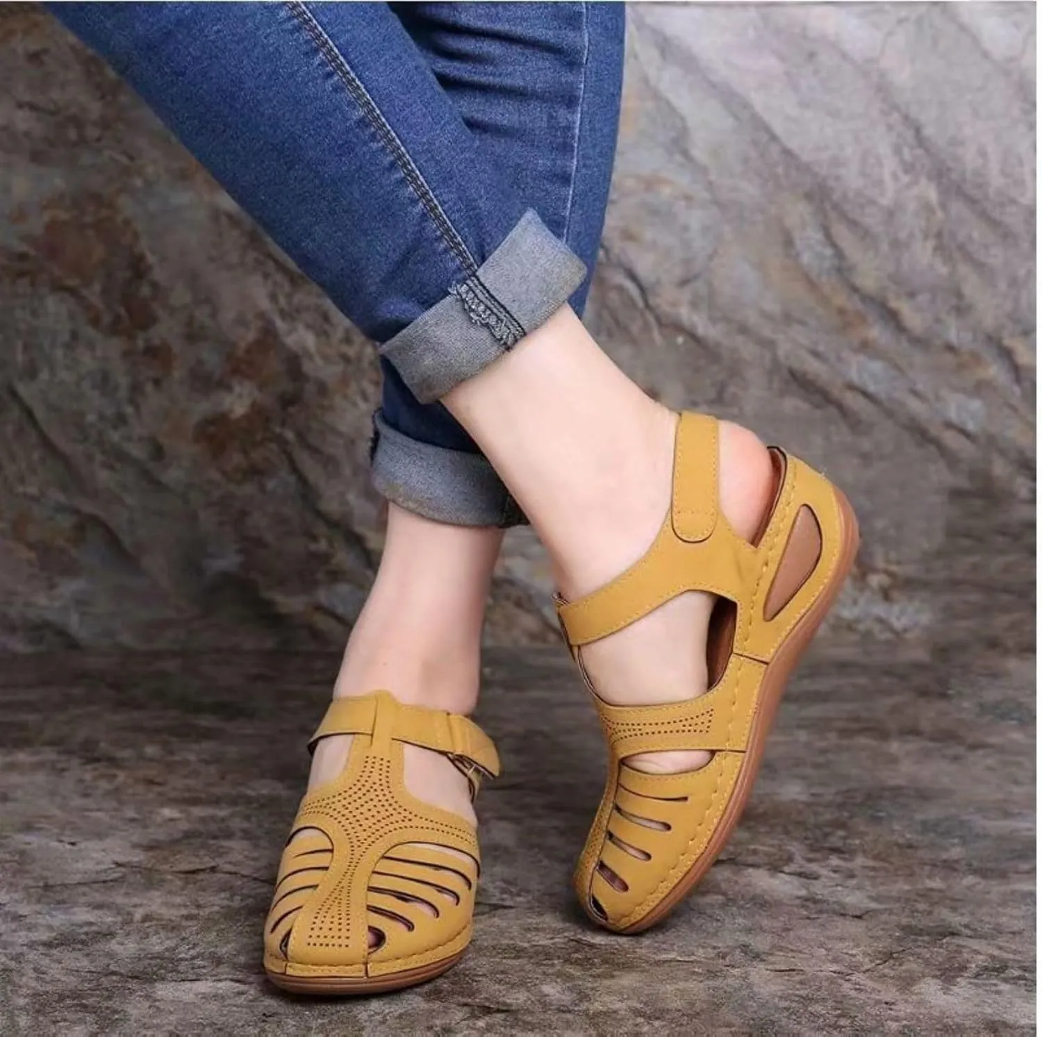 Smoneyful Women's Sandals Summer Casual Bohemia Gladiator Closed Toe Wedge Ankle Strap Slip On Platform Dressy Sandals