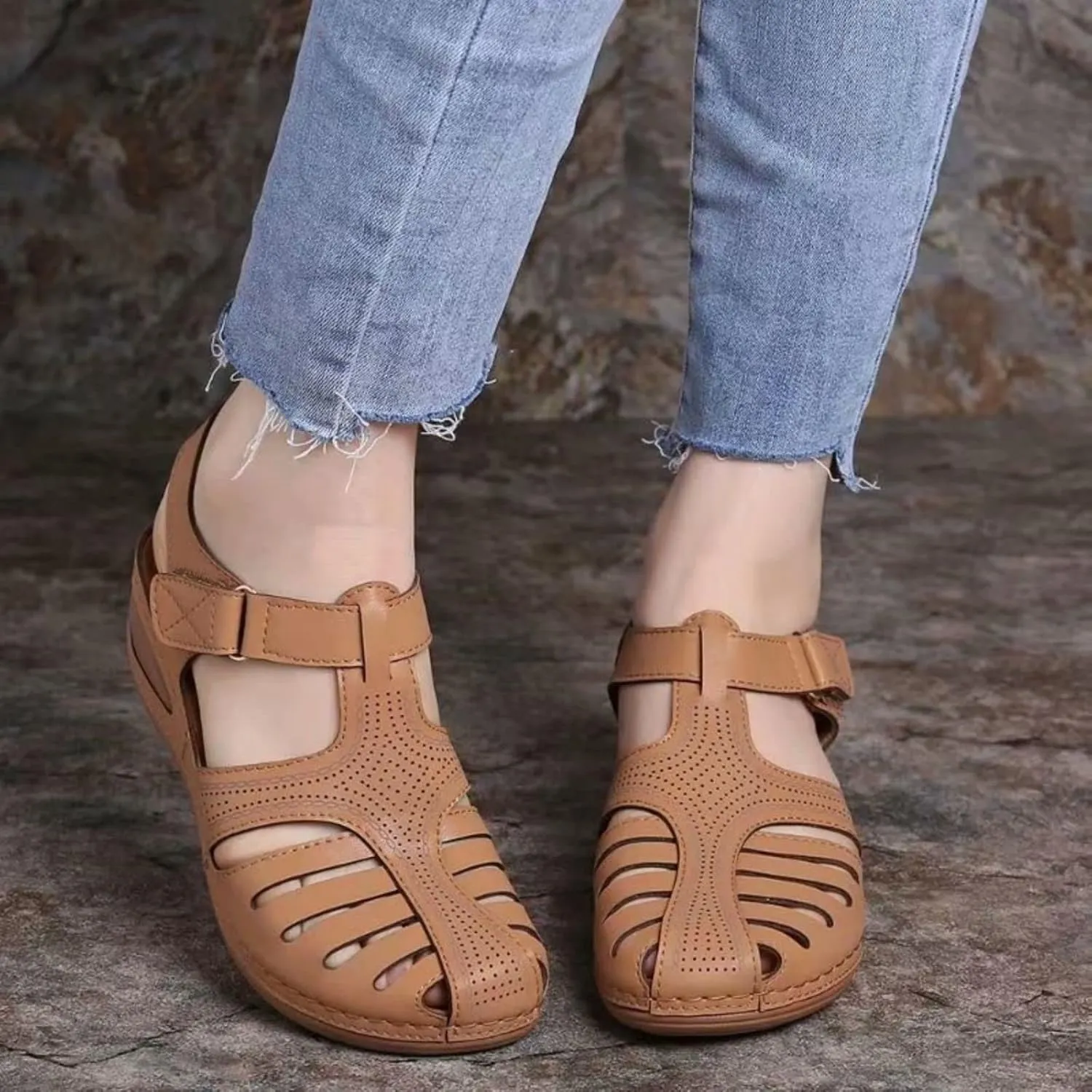 Smoneyful Women's Sandals Summer Casual Bohemia Gladiator Closed Toe Wedge Ankle Strap Slip On Platform Dressy Sandals