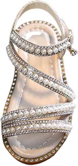 Strap Beaded Pearl Sequins Sandals for Girls Kids Princess Rubber Flat Wide Shoes Wedding Dance Open Toe Sandals Fancy