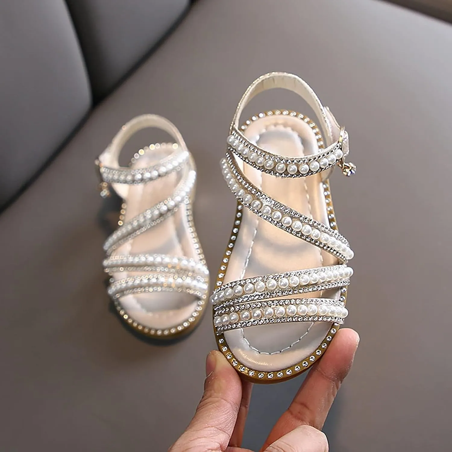 Strap Beaded Pearl Sequins Sandals for Girls Kids Princess Rubber Flat Wide Shoes Wedding Dance Open Toe Sandals Fancy