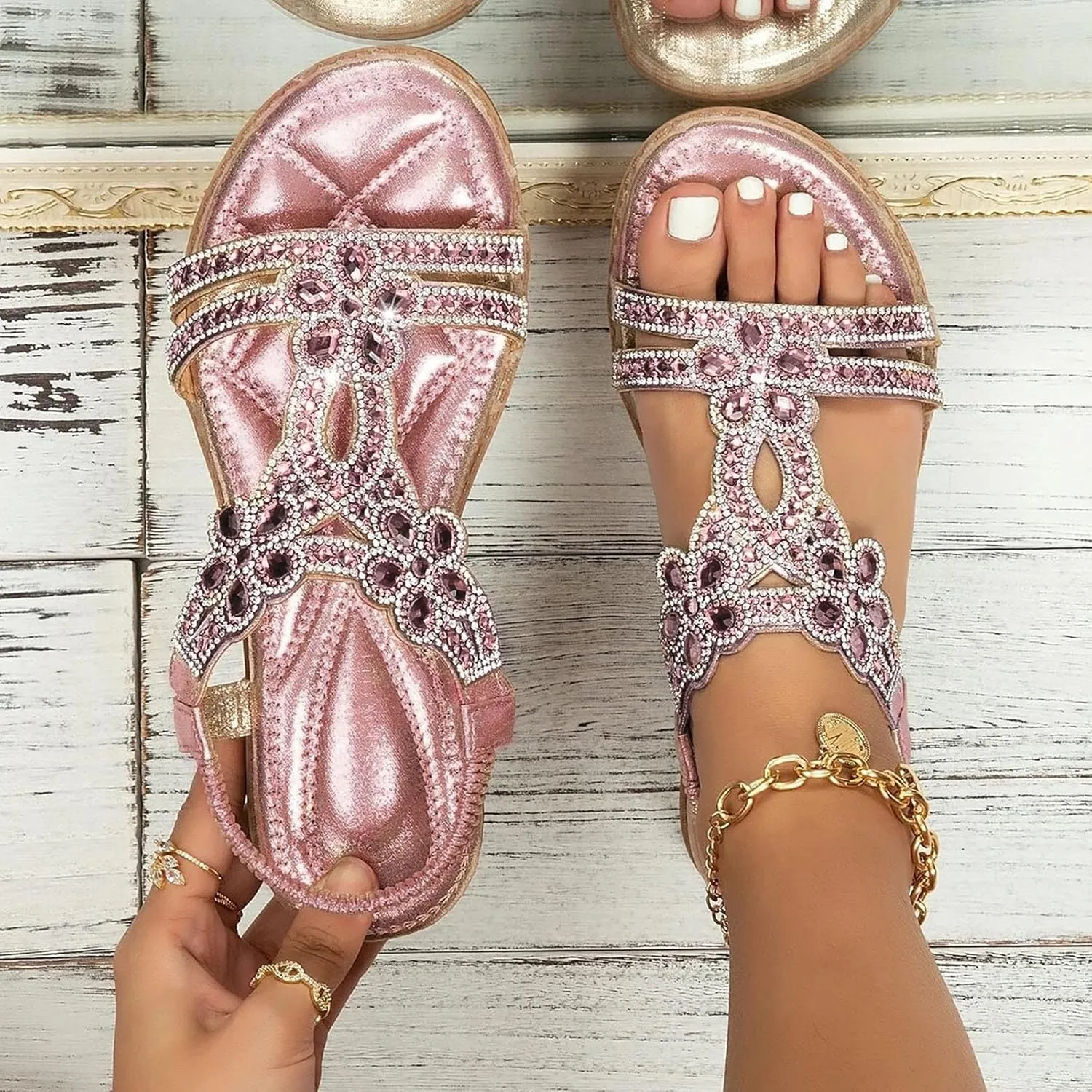 Summer Sandals For Women 2025,Womens Flat Sandals,T-Strap Beaded Flower Rhinestone Dressy Elastic Strap Open Toe Slip-On Casual Flowers Bling Bohe Crystal Womens Walking Beach Shoes for Daily Wear