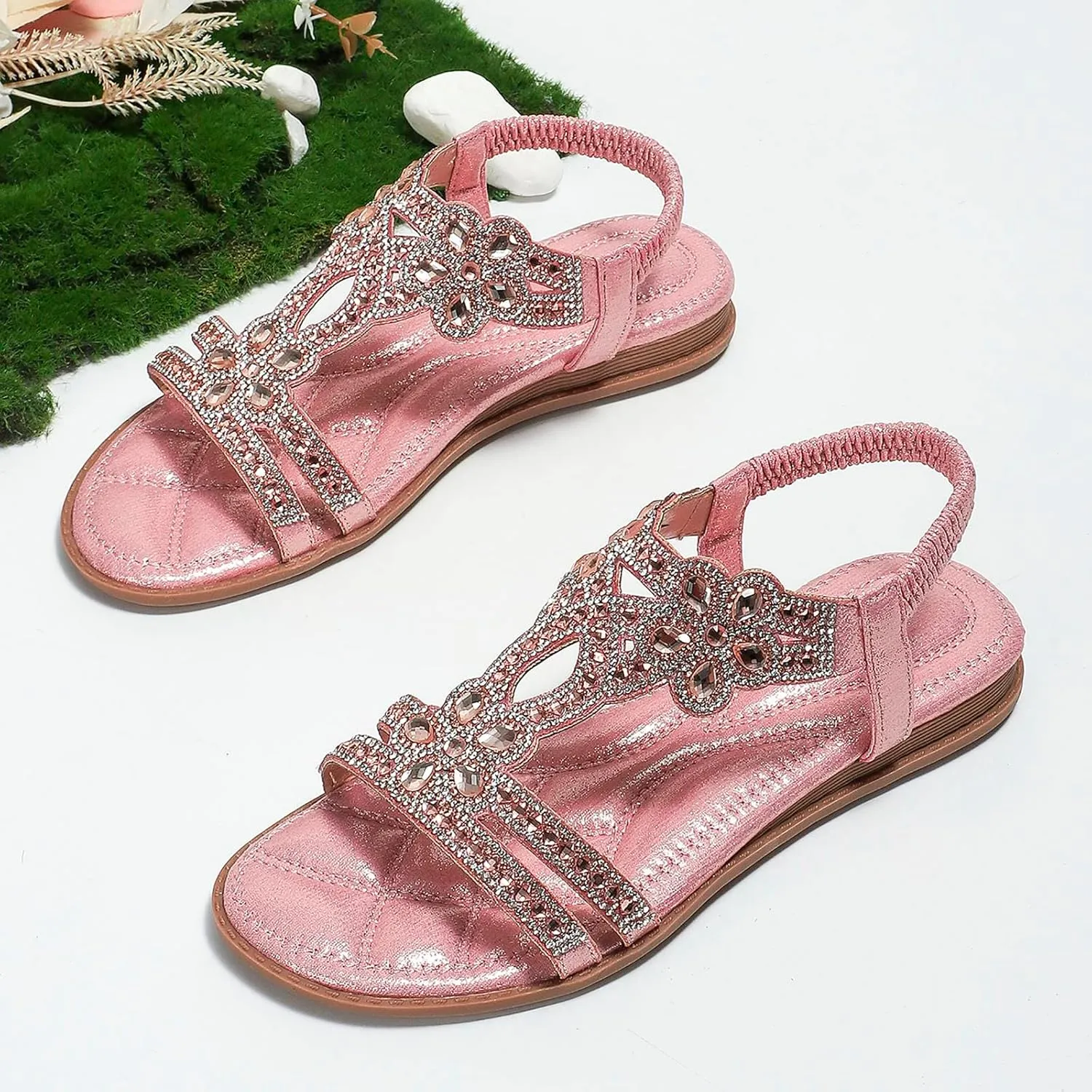 Summer Sandals For Women 2025,Womens Flat Sandals,T-Strap Beaded Flower Rhinestone Dressy Elastic Strap Open Toe Slip-On Casual Flowers Bling Bohe Crystal Womens Walking Beach Shoes for Daily Wear