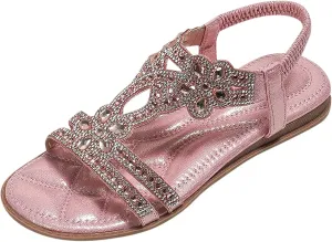 Summer Sandals For Women 2025,Womens Flat Sandals,T-Strap Beaded Flower Rhinestone Dressy Elastic Strap Open Toe Slip-On Casual Flowers Bling Bohe Crystal Womens Walking Beach Shoes for Daily Wear