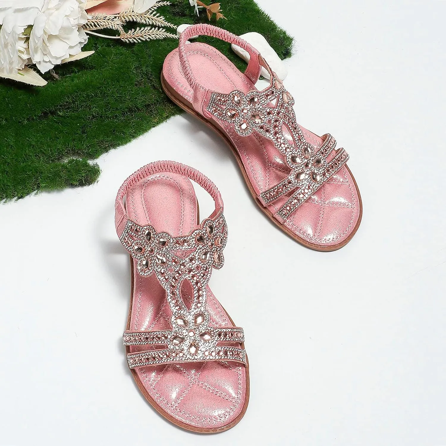 Summer Sandals For Women 2025,Womens Flat Sandals,T-Strap Beaded Flower Rhinestone Dressy Elastic Strap Open Toe Slip-On Casual Flowers Bling Bohe Crystal Womens Walking Beach Shoes for Daily Wear