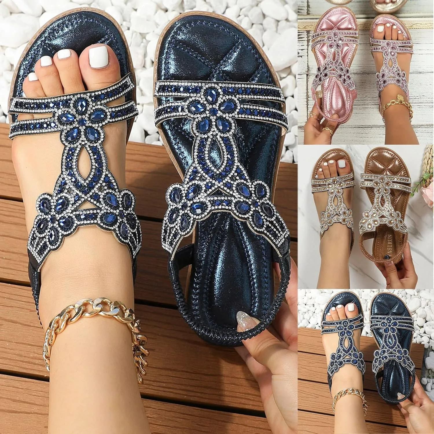 Summer Sandals For Women 2025,Womens Flat Sandals,T-Strap Beaded Flower Rhinestone Dressy Elastic Strap Open Toe Slip-On Casual Flowers Bling Bohe Crystal Womens Walking Beach Shoes for Daily Wear