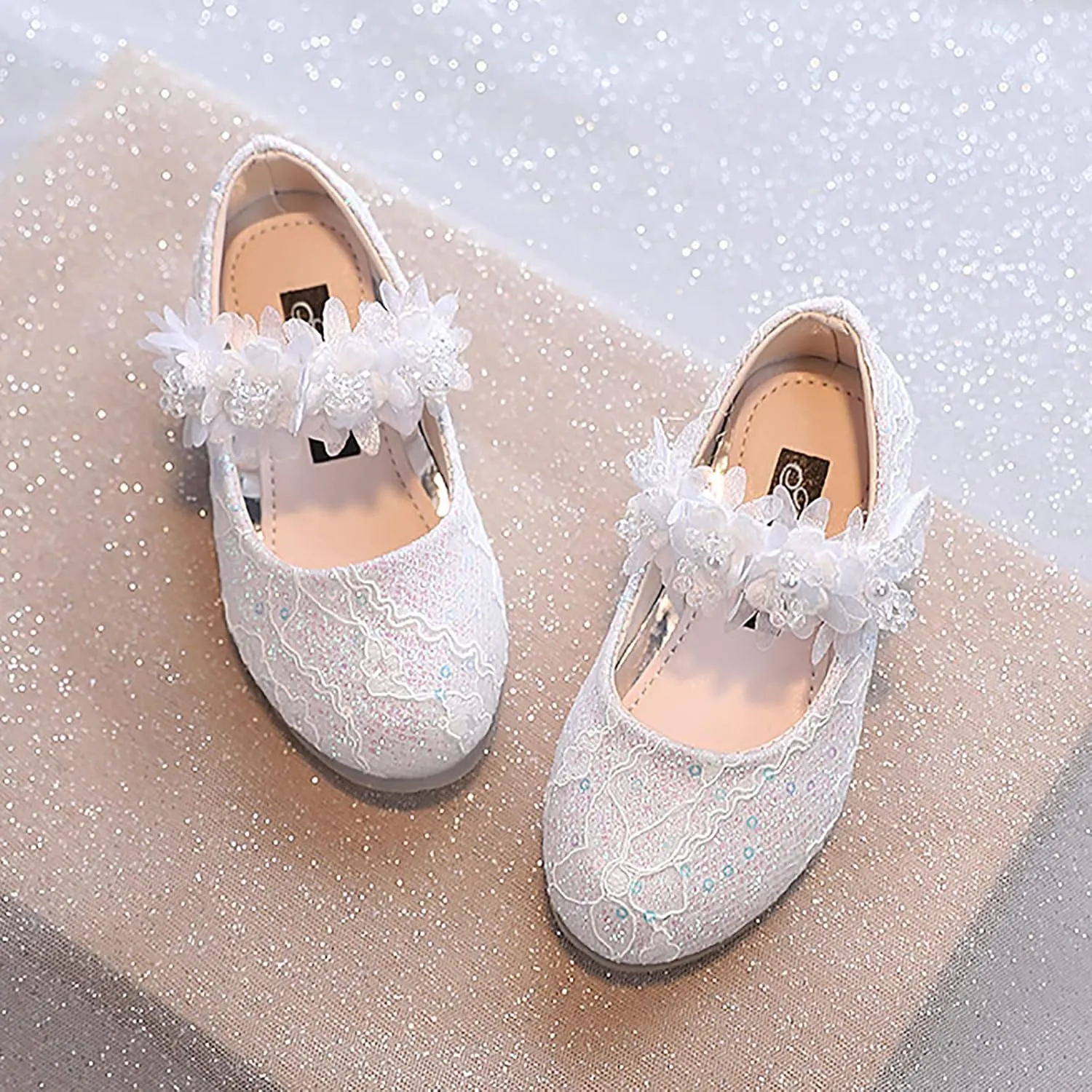 Toddler Girls Dress Shoes Flower Girl Shoes Ankle Strap Ballet Flats Pearls Mary Jane Wedding Party Flower Kid Shoes