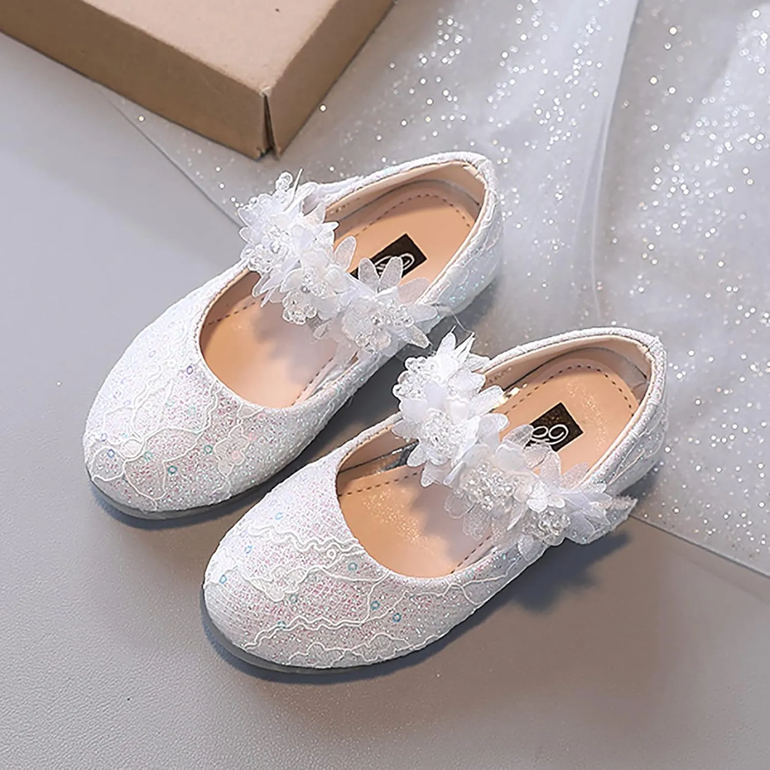 Toddler Girls Dress Shoes Flower Girl Shoes Ankle Strap Ballet Flats Pearls Mary Jane Wedding Party Flower Kid Shoes