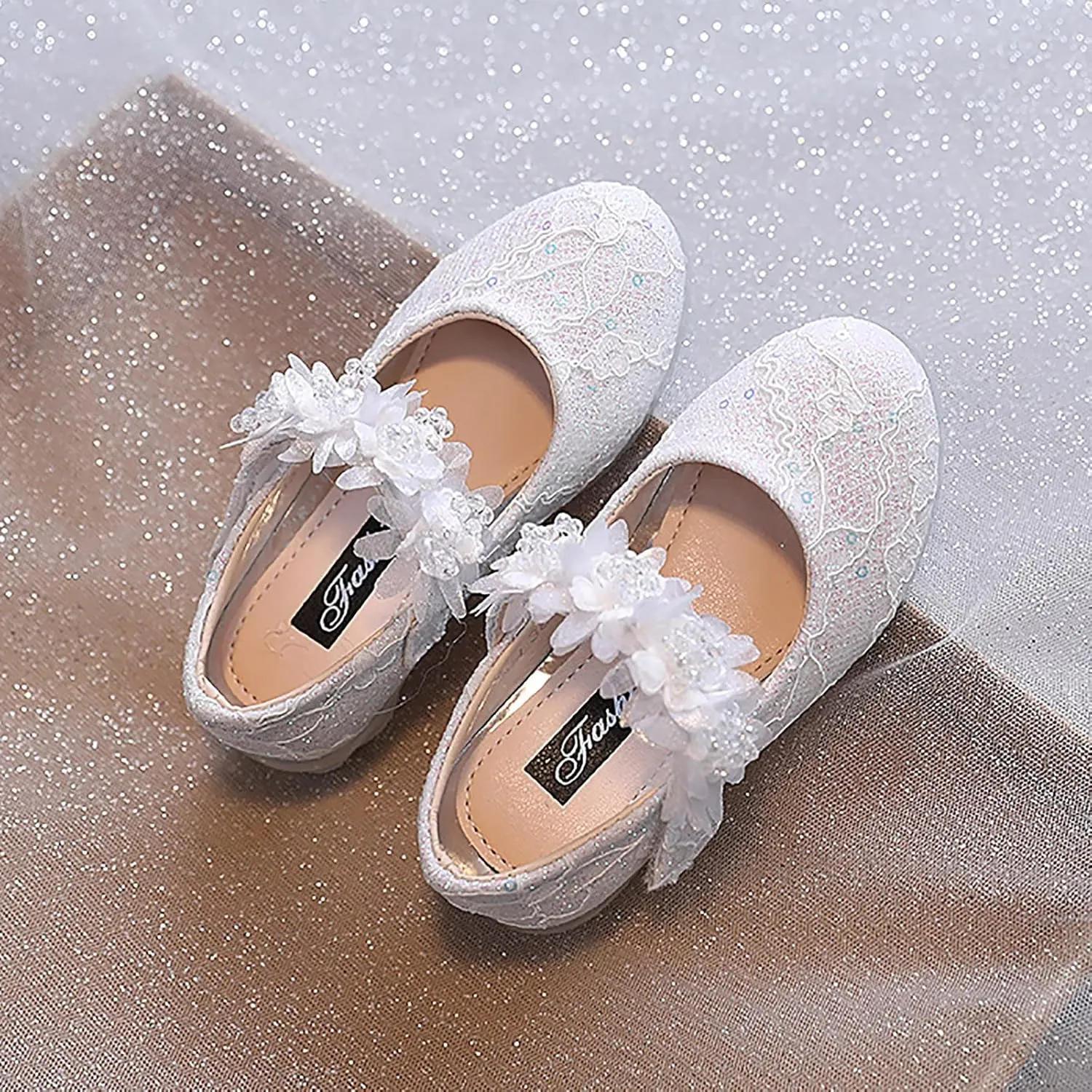 Toddler Girls Dress Shoes Flower Girl Shoes Ankle Strap Ballet Flats Pearls Mary Jane Wedding Party Flower Kid Shoes