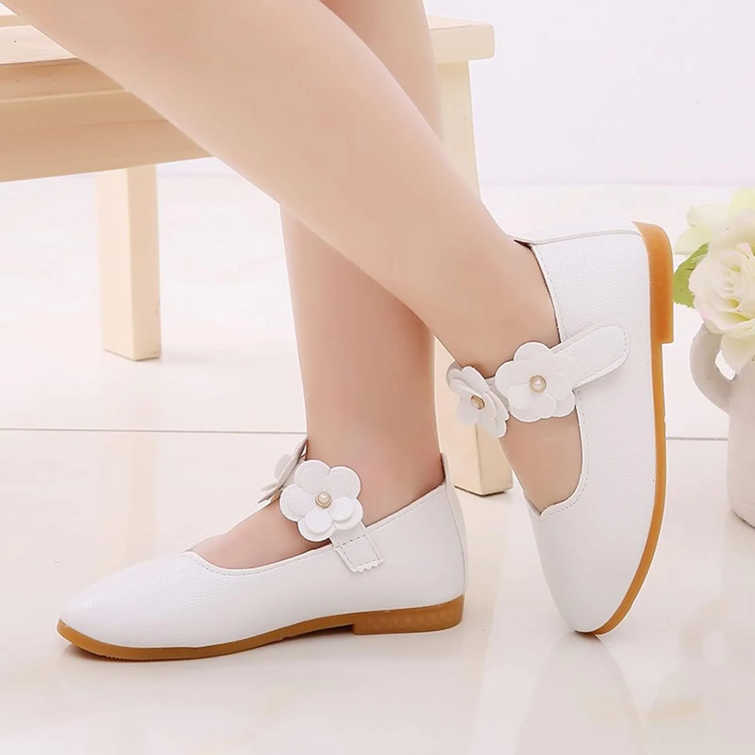 Toddler/Little Girls Mary Jane Ballerina Flat Princess Flower Girl Non-Slip Soft Slip On Dress Shoes for Wedding