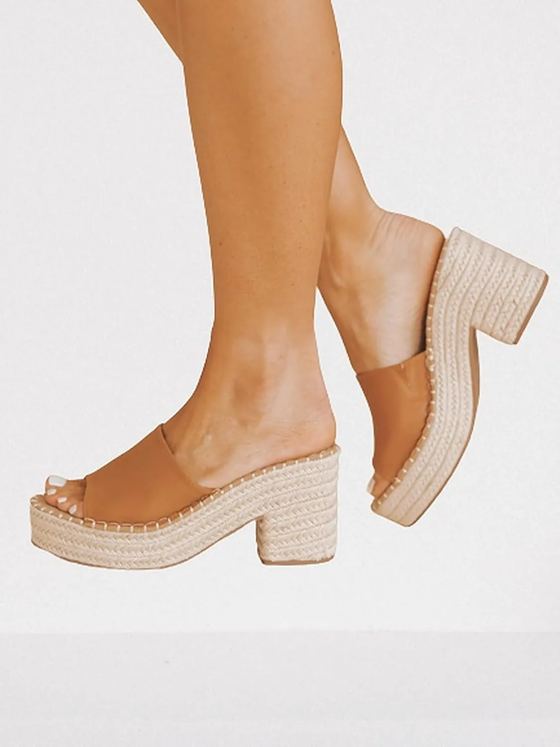 TOP Moda Womens platform raffia espadrille Chunky Block heel Slip on Sandals