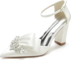 Women Evening Bridal Rhinestone Pointed Toe Satin Pumps Block High Heel Crystal Shoes with Bow
