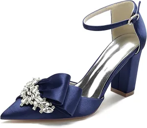 Women Evening Bridal Rhinestone Pointed Toe Satin Pumps Block High Heel Crystal Shoes with Bow