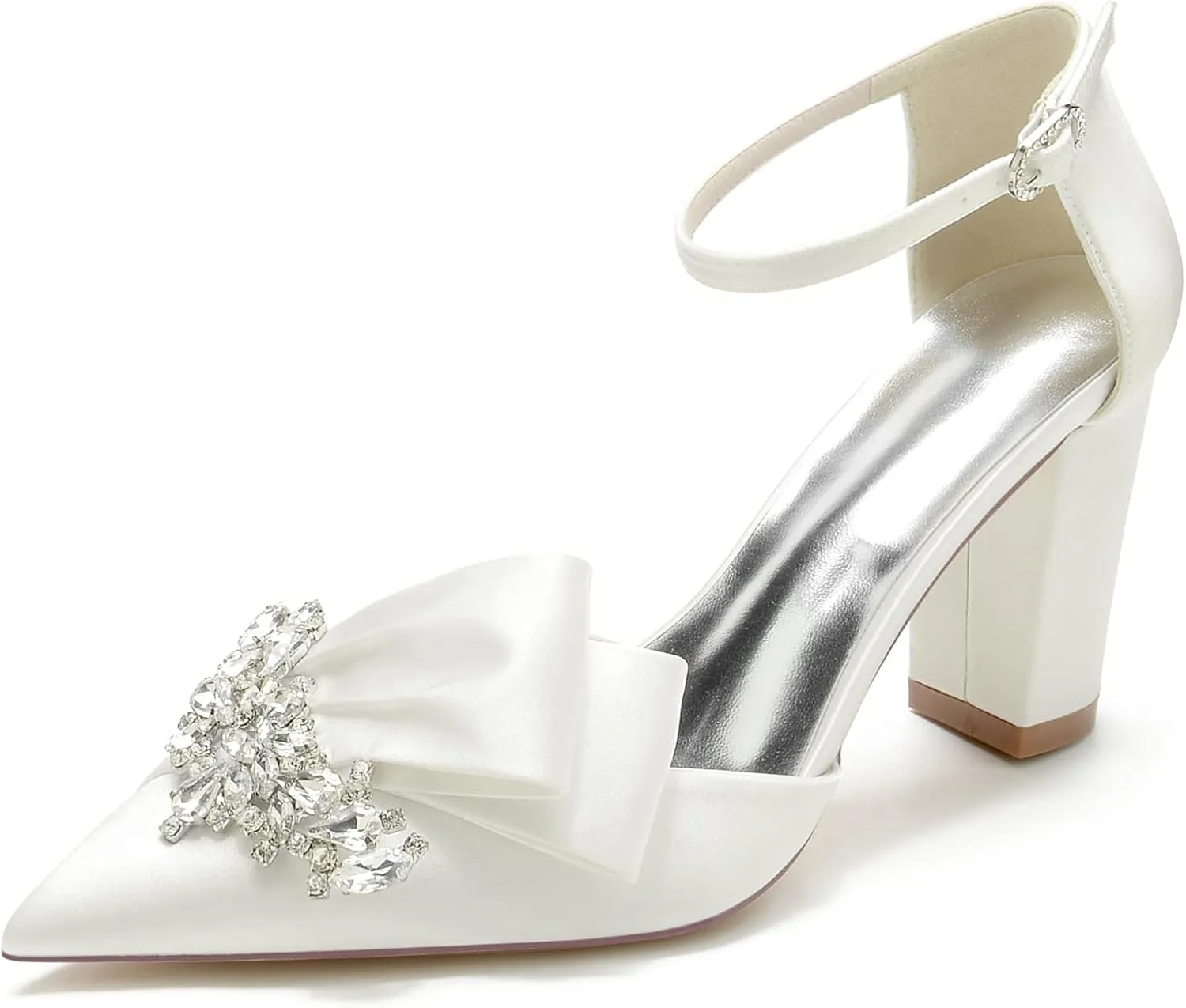 Women Evening Bridal Rhinestone Pointed Toe Satin Pumps Block High Heel Crystal Shoes with Bow
