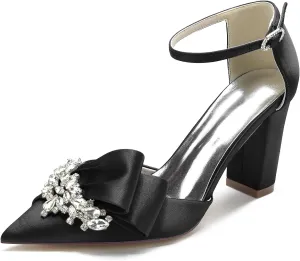 Women Evening Bridal Rhinestone Pointed Toe Satin Pumps Block High Heel Crystal Shoes with Bow