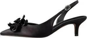Women Graceful Flower Decor Pointed Toe Satin Slingback Pumps Slip on Low Kitten Heel Sandals Elegant Party Event Shoes Size 4-16 US