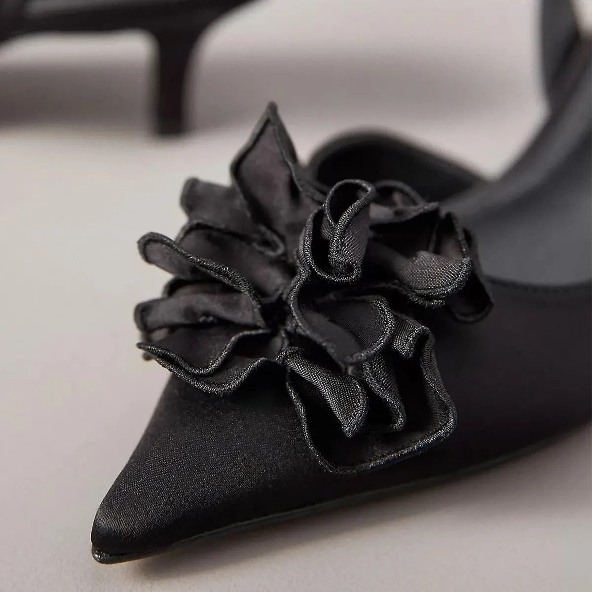 Women Graceful Flower Decor Pointed Toe Satin Slingback Pumps Slip on Low Kitten Heel Sandals Elegant Party Event Shoes Size 4-16 US
