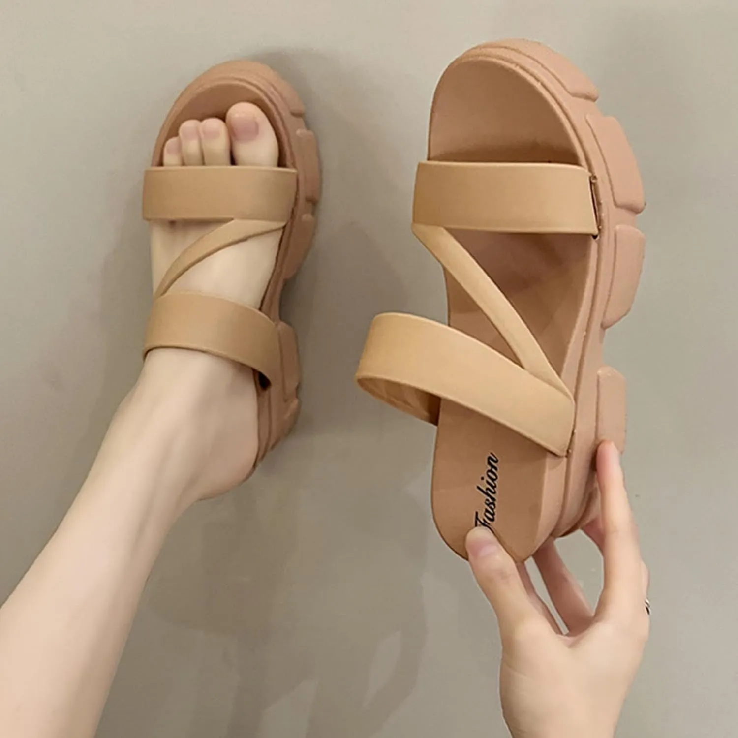 Women Open Toe Lug Sole Sandals Low Heel Platform Block Heels Sandal Dressy Casual Summer Thick Soled Slippers