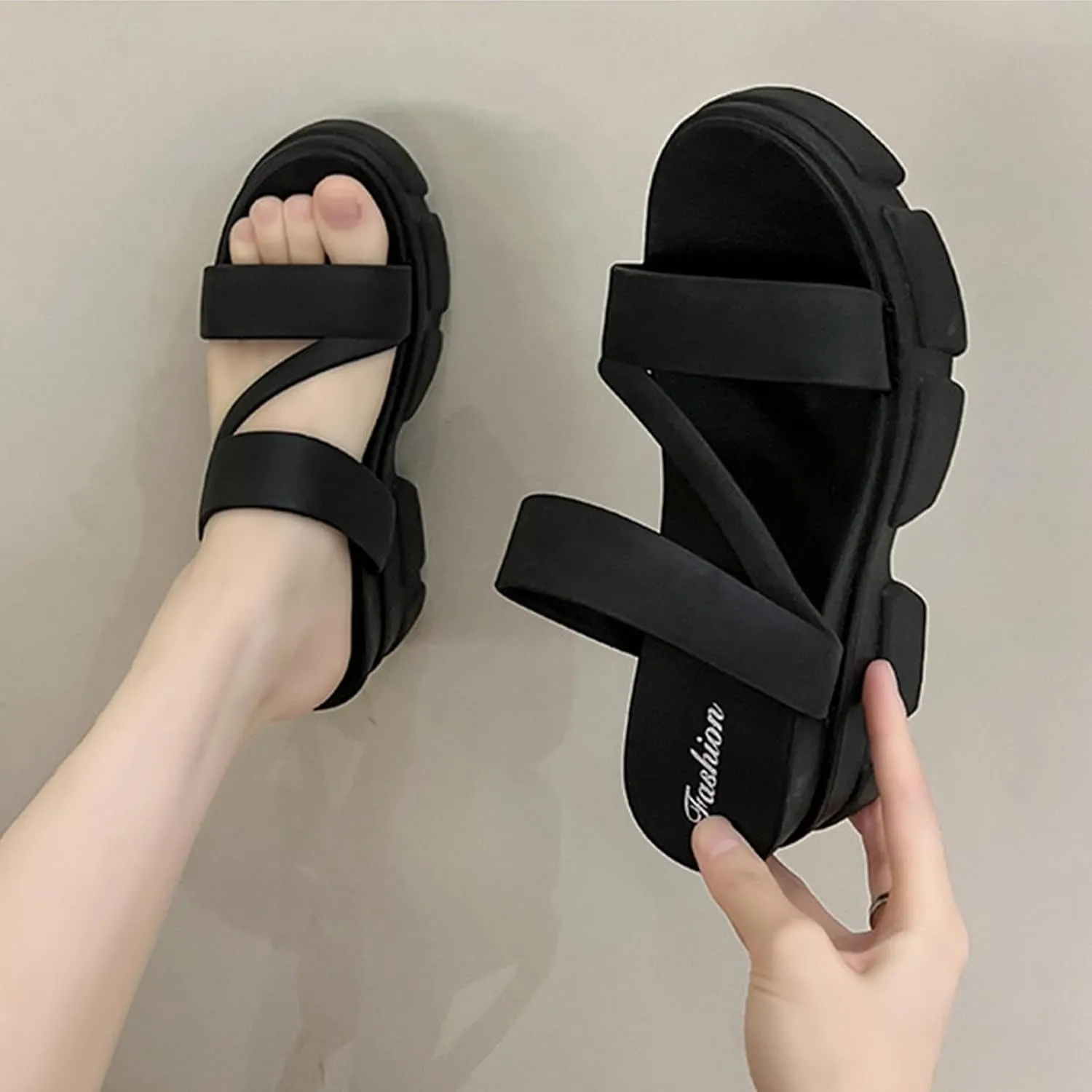 Women Open Toe Lug Sole Sandals Low Heel Platform Block Heels Sandal Dressy Casual Summer Thick Soled Slippers
