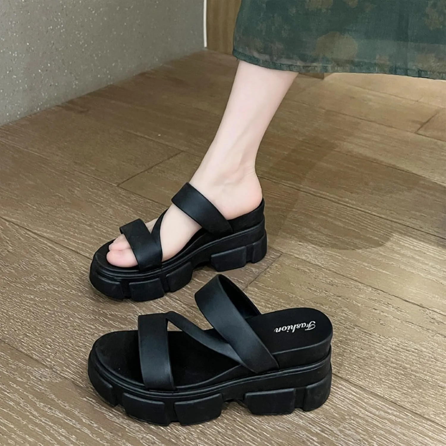 Women Open Toe Lug Sole Sandals Low Heel Platform Block Heels Sandal Dressy Casual Summer Thick Soled Slippers