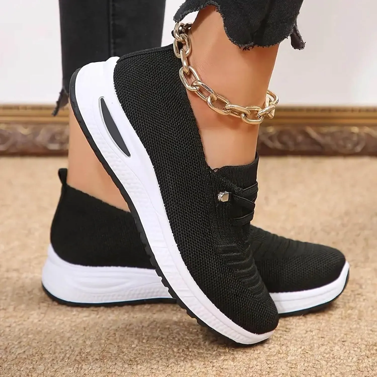 Women Orthopedic Walking Shoes Breathable Mesh Knitted Woven Low Top Walking Shoes Lightweight Wide Width Soft Sole Arch Support Non-Slip Shoe Slip On Comfortable Sneakers