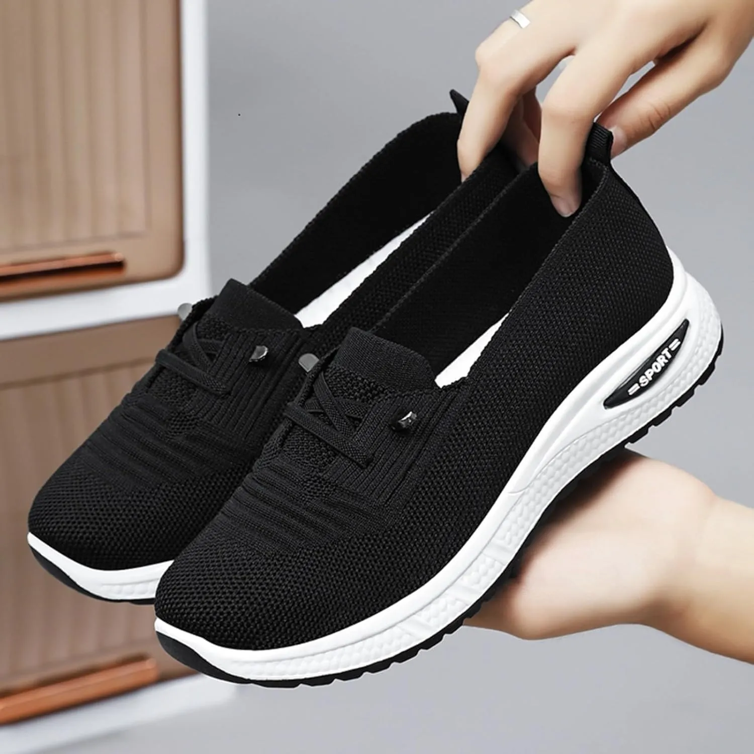 Women Orthopedic Walking Shoes Breathable Mesh Knitted Woven Low Top Walking Shoes Lightweight Wide Width Soft Sole Arch Support Non-Slip Shoe Slip On Comfortable Sneakers
