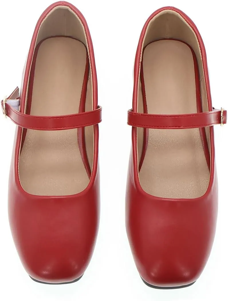 Women's Classic Red Leather Square-Toe Mary Jane Flats, Wide Width Soft Leather Work Shoes