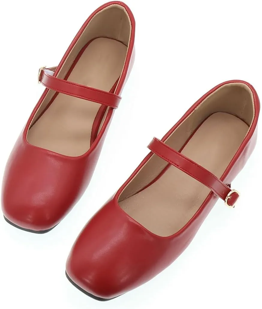 Women's Classic Red Leather Square-Toe Mary Jane Flats, Wide Width Soft Leather Work Shoes
