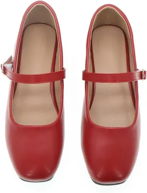 Women's Classic Red Leather Square-Toe Mary Jane Flats, Wide Width Soft Leather Work Shoes
