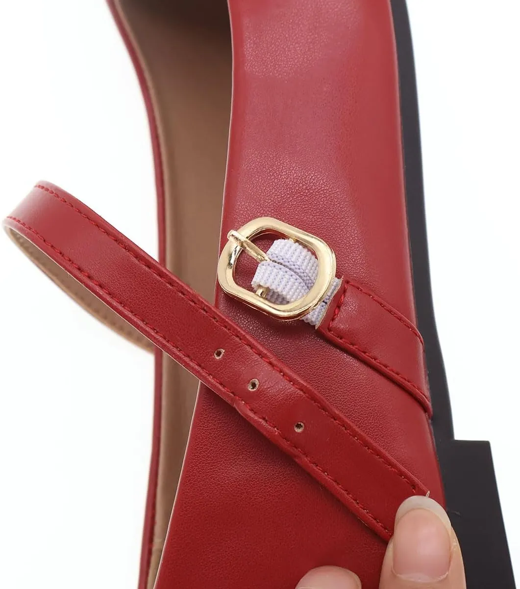 Women's Classic Red Leather Square-Toe Mary Jane Flats, Wide Width Soft Leather Work Shoes