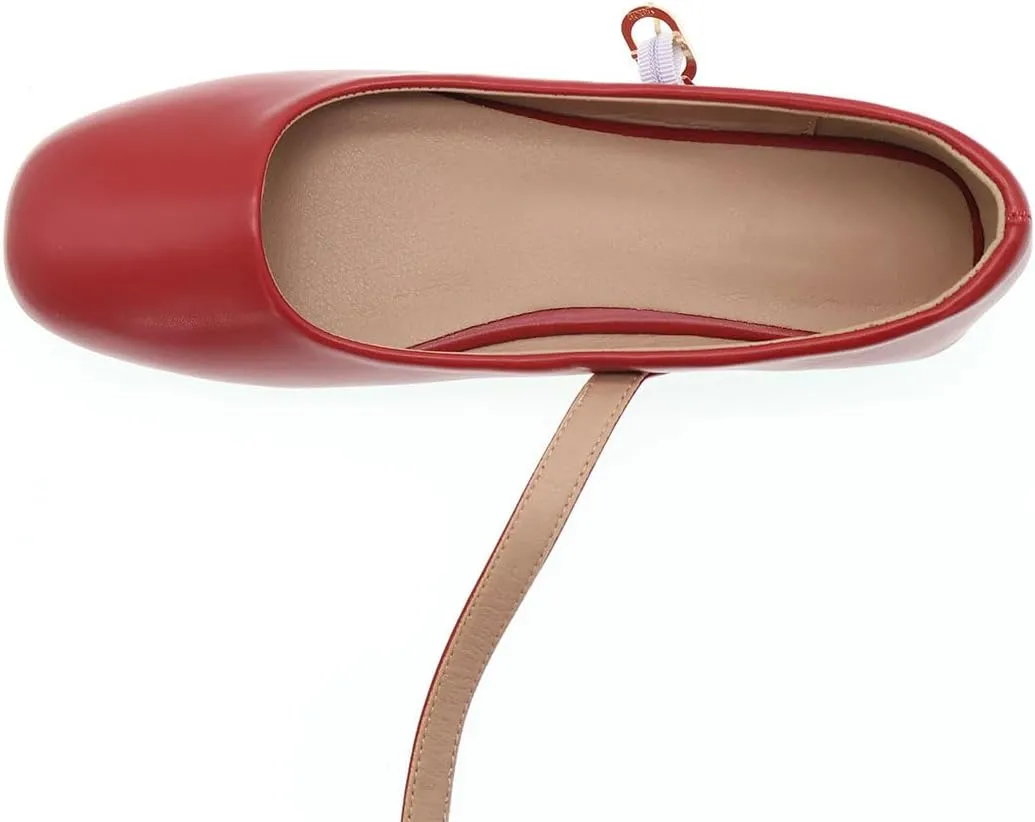 Women's Classic Red Leather Square-Toe Mary Jane Flats, Wide Width Soft Leather Work Shoes