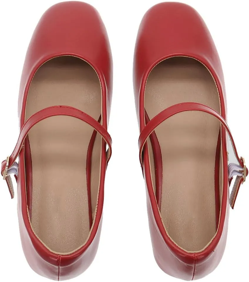 Women's Classic Red Leather Square-Toe Mary Jane Flats, Wide Width Soft Leather Work Shoes