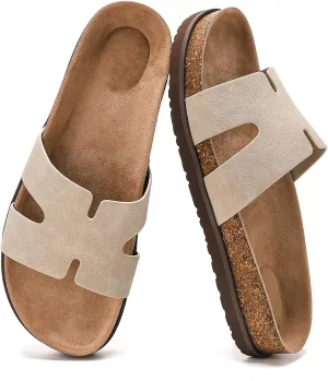 Women's Cork Footbed Slide Sandals with Arch Support,Comfortable Summer Flat Sandals for Women,Memory Foam Outdoor Slippers