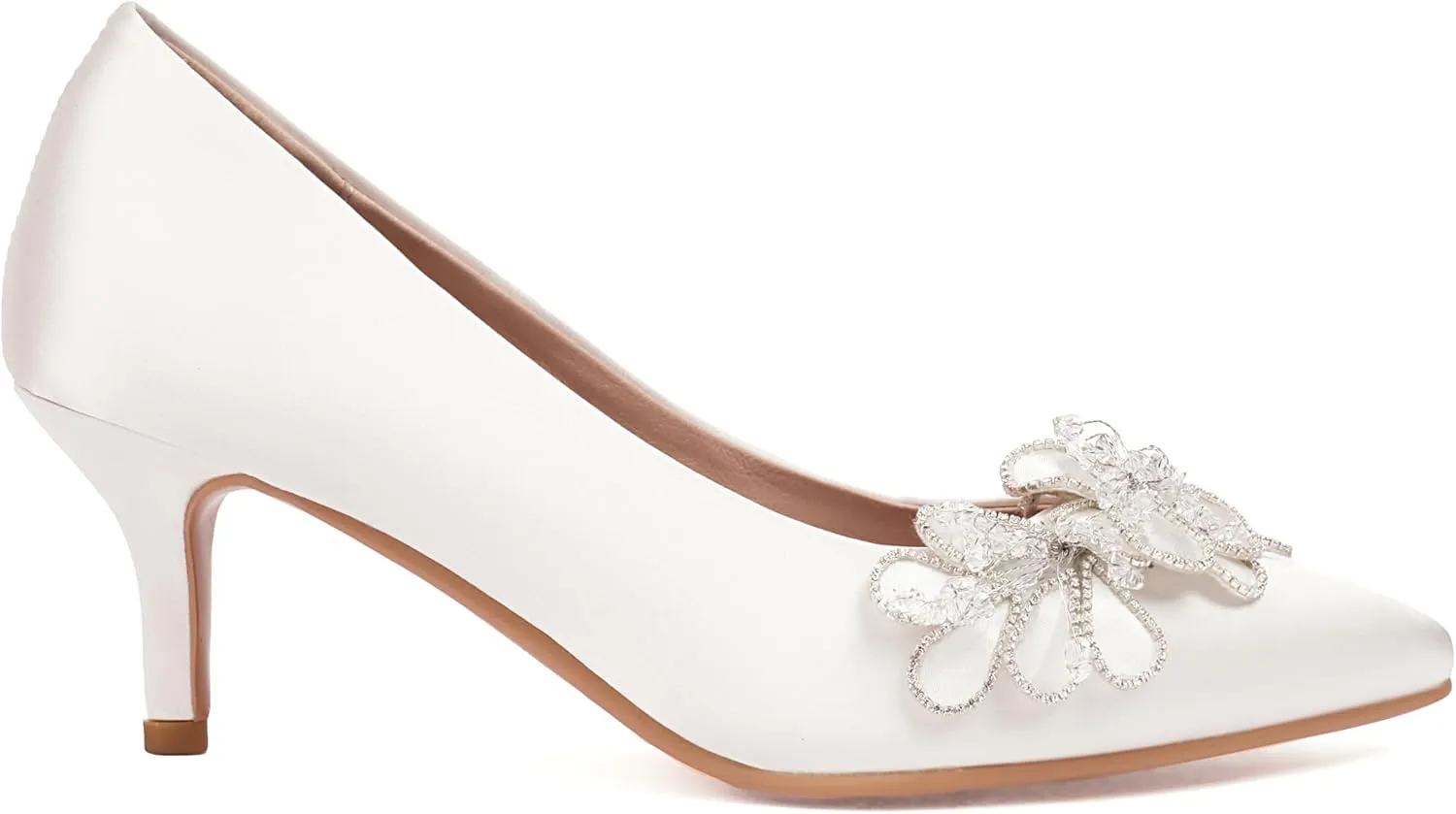 Women's Kitten Heels 2" Handmade Rhinestone Flower Satin Pumps Wedding Party Prom Dress Shoes