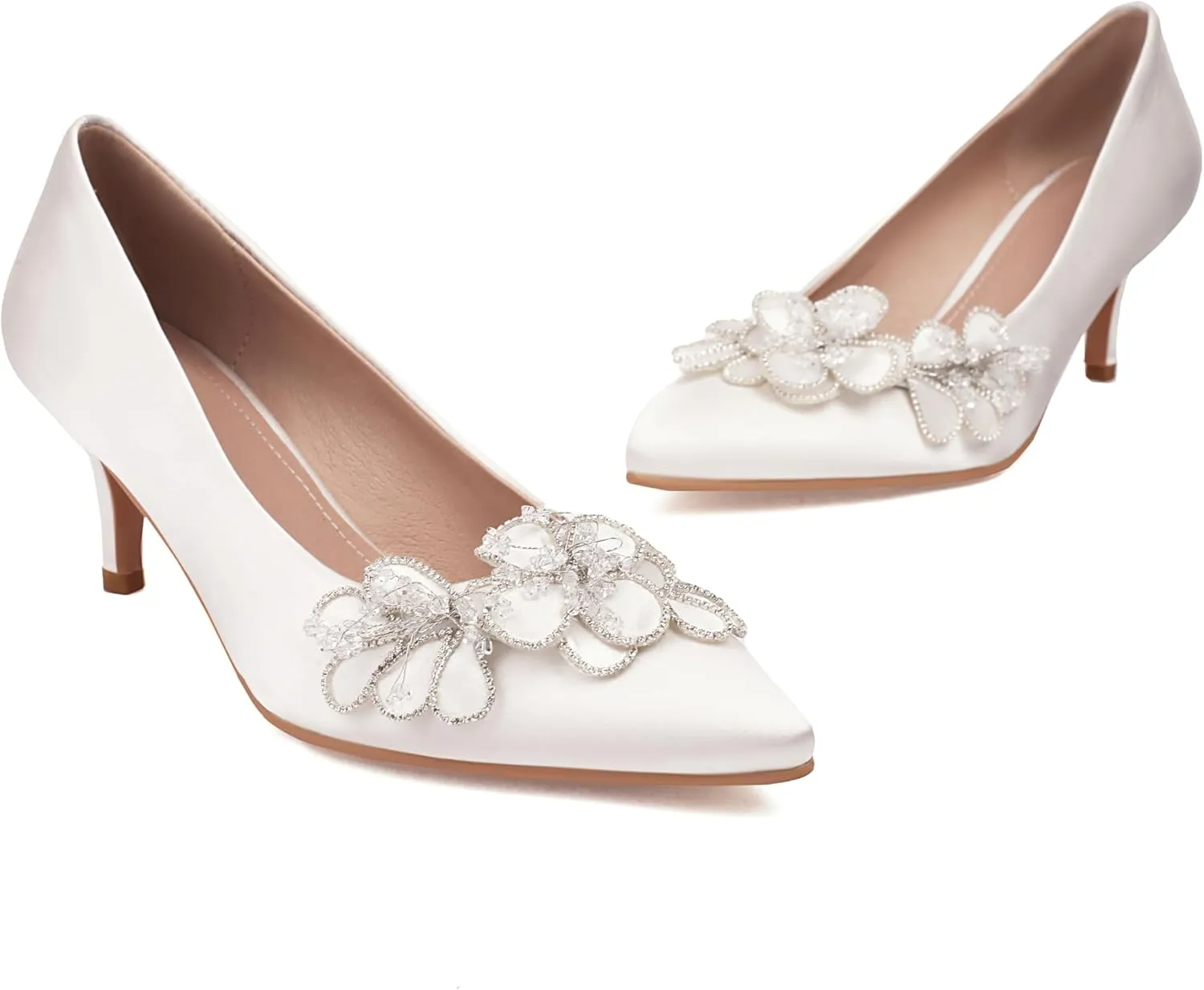 Women's Kitten Heels 2" Handmade Rhinestone Flower Satin Pumps Wedding Party Prom Dress Shoes