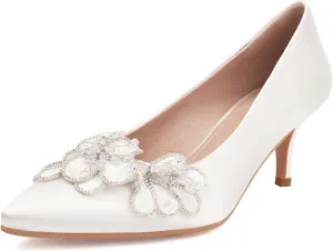 Women's Kitten Heels 2" Handmade Rhinestone Flower Satin Pumps Wedding Party Prom Dress Shoes