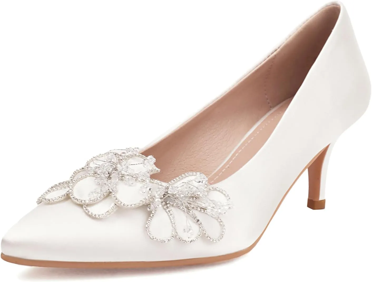 Women's Kitten Heels 2" Handmade Rhinestone Flower Satin Pumps Wedding Party Prom Dress Shoes