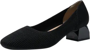 Women's Knitted Chunky Heel Breathable Woven Loafers Classic, Stylish and Chic Platform Slip-On 1.77 inch Mid-Heeled Shoes