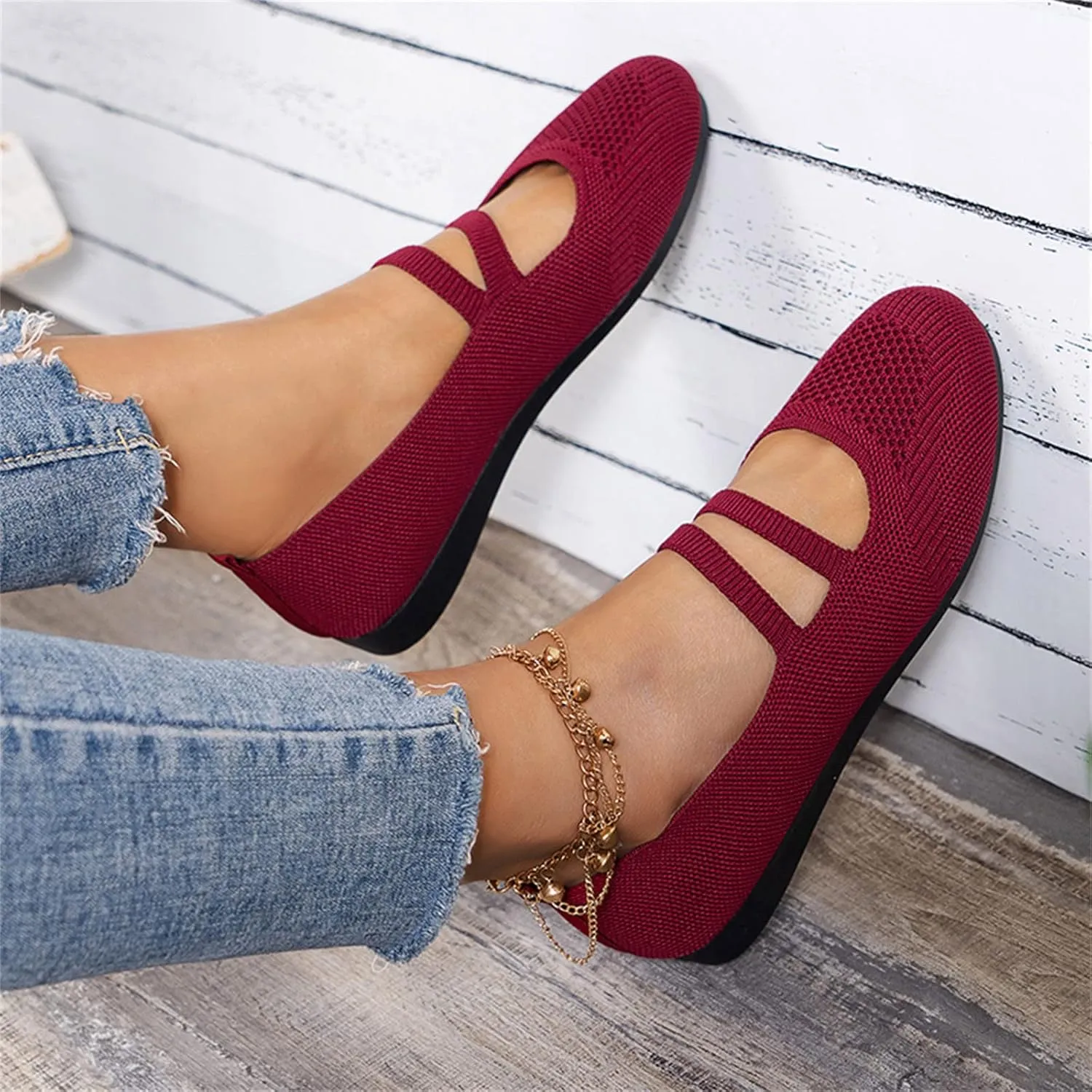 Women's Lightweight Walking Tennis Shoes Knitting Flat Casual Dress Shoes Comfort Ballerina Walking Shoes