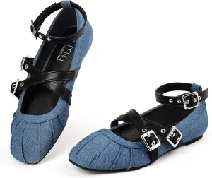 Womens Mary Jane Flats Round Toe Comfortable Cross Strap Flats Dressy Ballet Flats Shoes Vintage Shoes with Ankle Strap