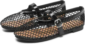 Women's Mesh Ballet Flats Causal Daily Dress Shoes Fishnet Ballerina Flats Buckle Strap Mary Jane Flats