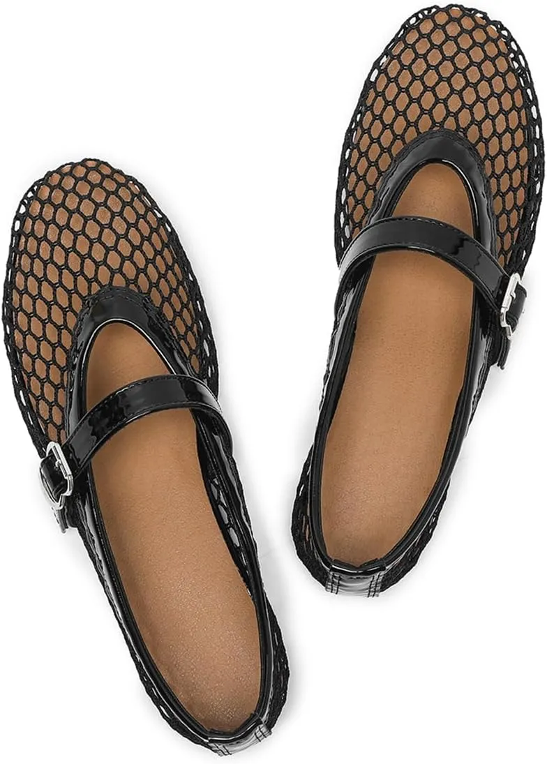 Women's Mesh Ballet Flats Causal Daily Dress Shoes Fishnet Ballerina Flats Buckle Strap Mary Jane Flats