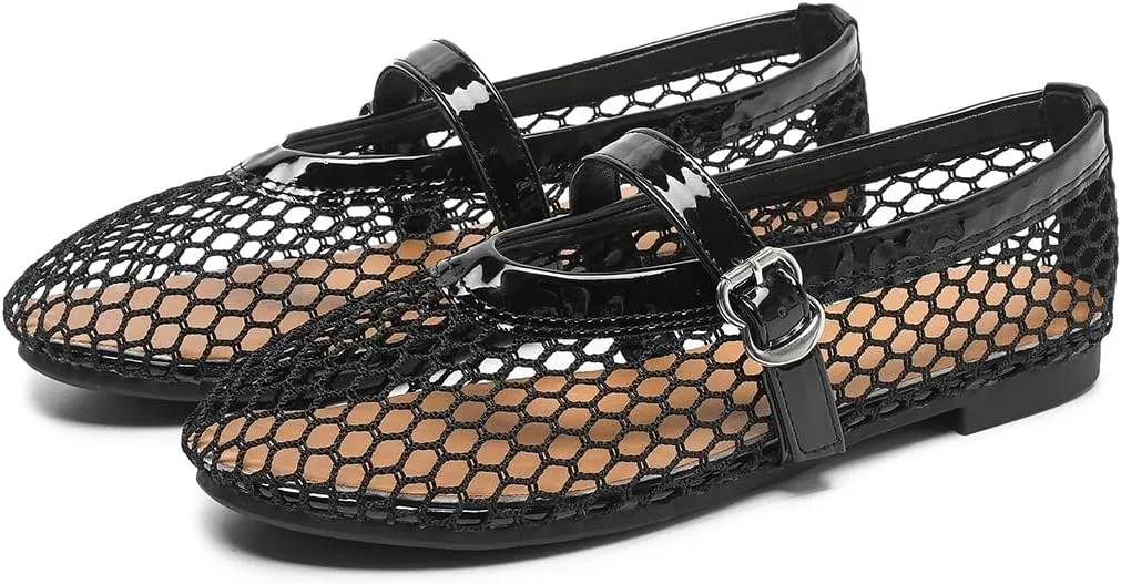 Women's Mesh Ballet Flats Causal Daily Dress Shoes Fishnet Ballerina Flats Buckle Strap Mary Jane Flats