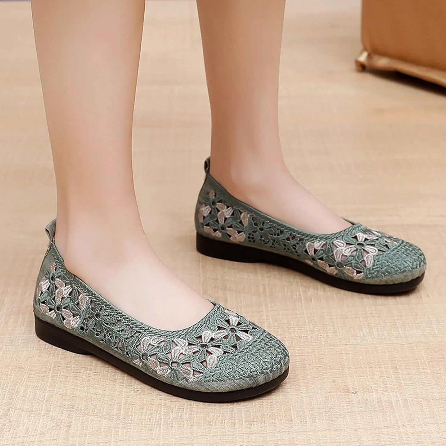 Women's Non Slip Dress Shoes See Through Mesh Lace Flowers Shoes Breathable Slip On Round Toe Bowling Women Size 6