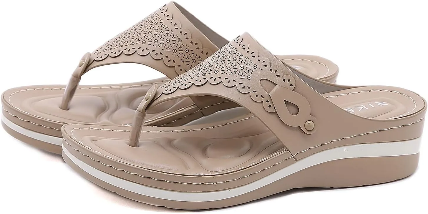 Womens Orthotic Flip Flops Plantar Fasciitis Sandals Sandalias De Mujer Casual Platform Wedge Beach Sandal for Woman Hollow Comfortable Boho Summer Walking Flat Wide Width