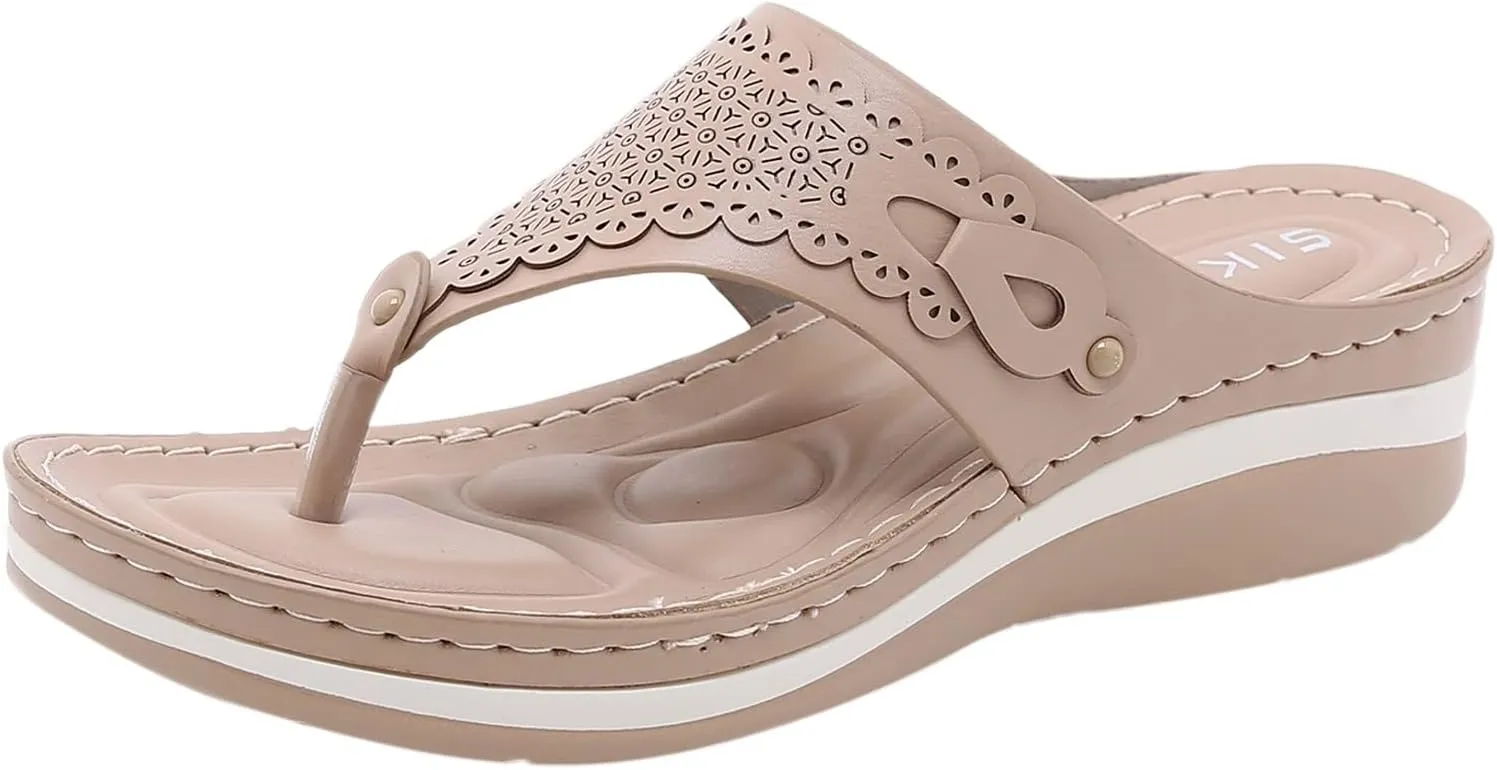 Womens Orthotic Flip Flops Plantar Fasciitis Sandals Sandalias De Mujer Casual Platform Wedge Beach Sandal for Woman Hollow Comfortable Boho Summer Walking Flat Wide Width